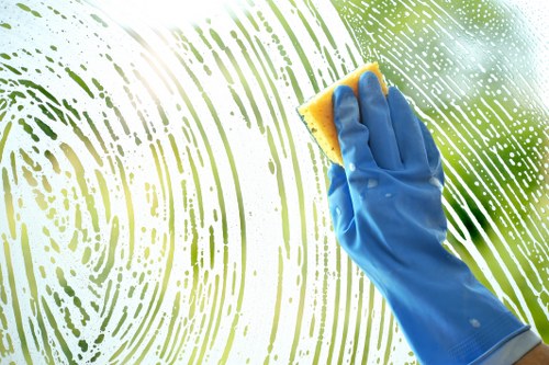 Cleaner preparing safe oven cleaning equipment in a kitchen