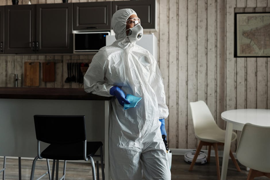 A person wearing a light-colored shirt and green cleaning gloves is reaching onto a dark wooden shelf with a cloth in hand. The shelf contains a pink glass vase, a collection of green hardcover books,